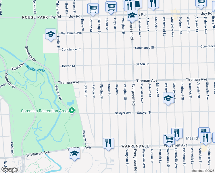 map of restaurants, bars, coffee shops, grocery stores, and more near 7795 Stout Street in Detroit