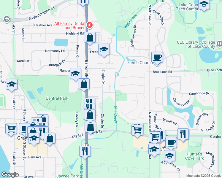 map of restaurants, bars, coffee shops, grocery stores, and more near 440 Merrill Lane in Grayslake