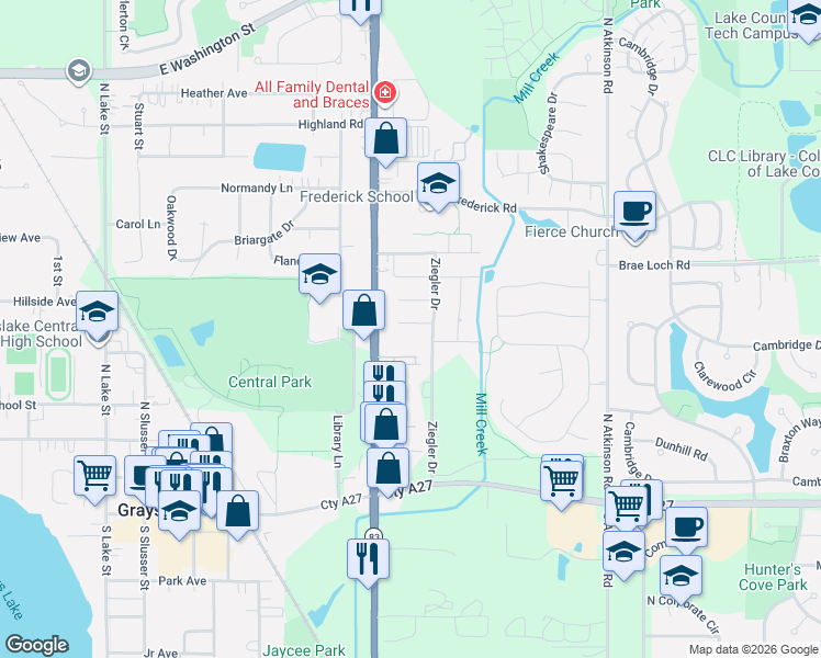 map of restaurants, bars, coffee shops, grocery stores, and more near 541 Pheasant Court in Grayslake