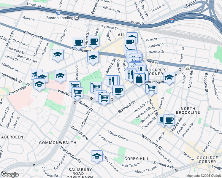 map of restaurants, bars, coffee shops, grocery stores, and more near 66 Glenville Avenue in Boston