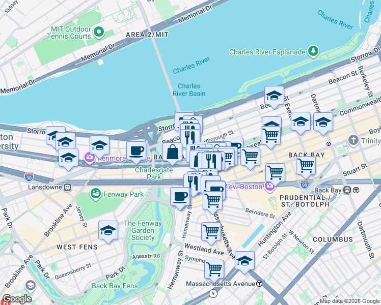 map of restaurants, bars, coffee shops, grocery stores, and more near 377 Commonwealth Avenue in Boston