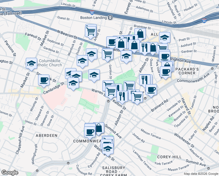 map of restaurants, bars, coffee shops, grocery stores, and more near 103 Gordon Street in Boston