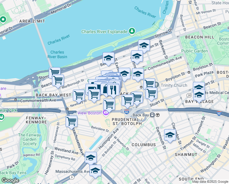 map of restaurants, bars, coffee shops, grocery stores, and more near 228 Newbury Street in Boston