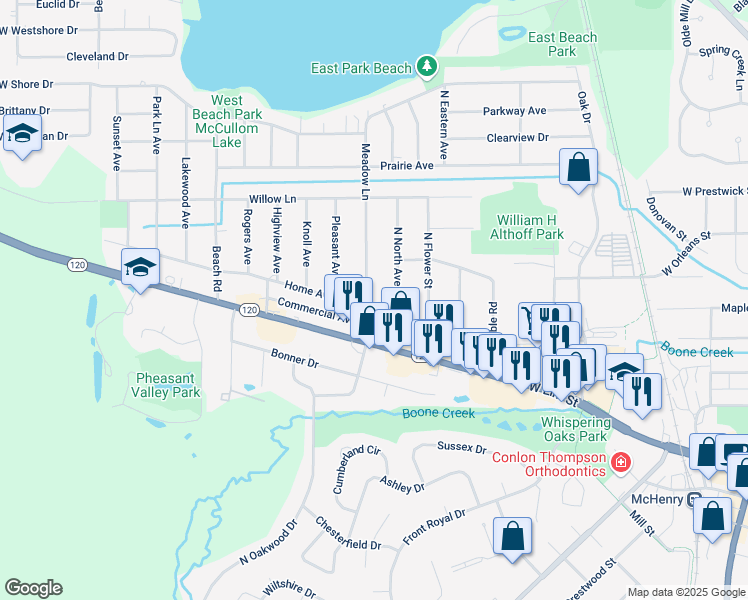 map of restaurants, bars, coffee shops, grocery stores, and more near 4711 Home Avenue in McHenry