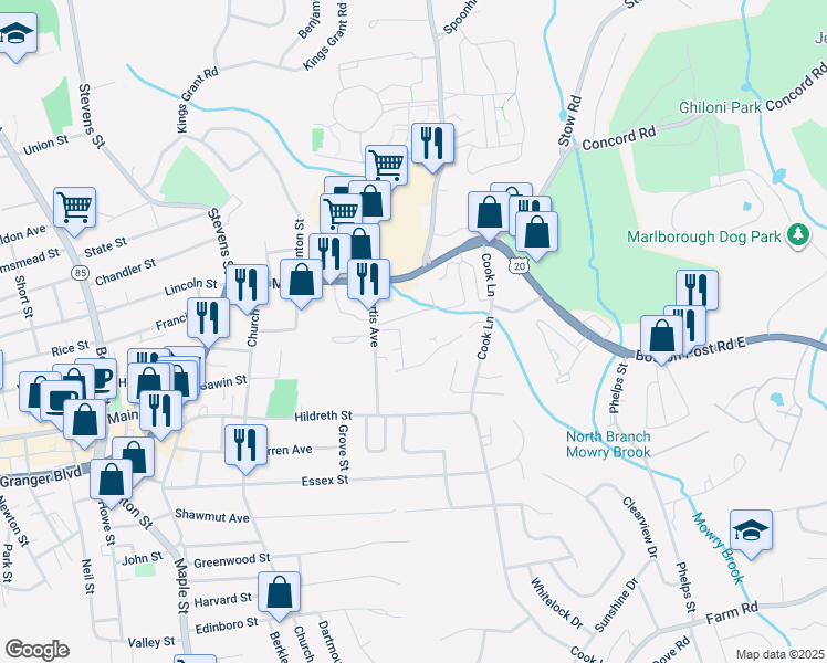 map of restaurants, bars, coffee shops, grocery stores, and more near 26 Crystal Brook Way in Marlborough