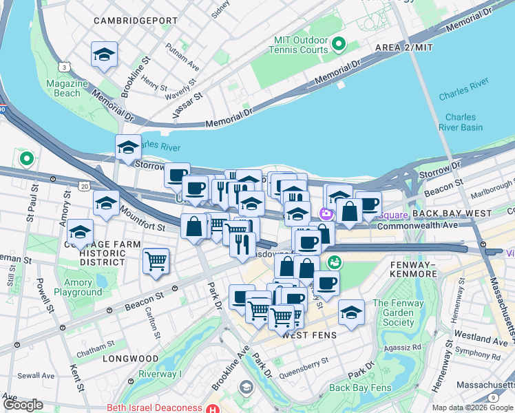 map of restaurants, bars, coffee shops, grocery stores, and more near 635 Commonwealth Avenue in Boston