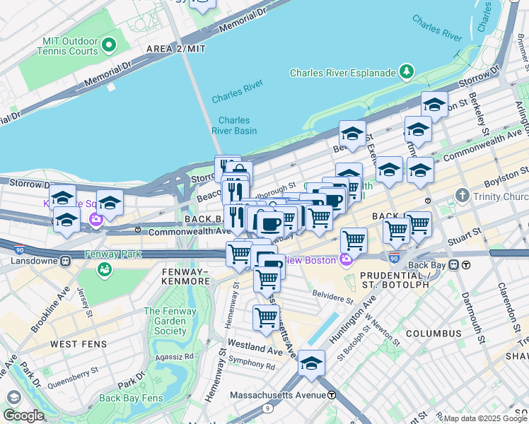 map of restaurants, bars, coffee shops, grocery stores, and more near 345 Commonwealth Avenue in Boston