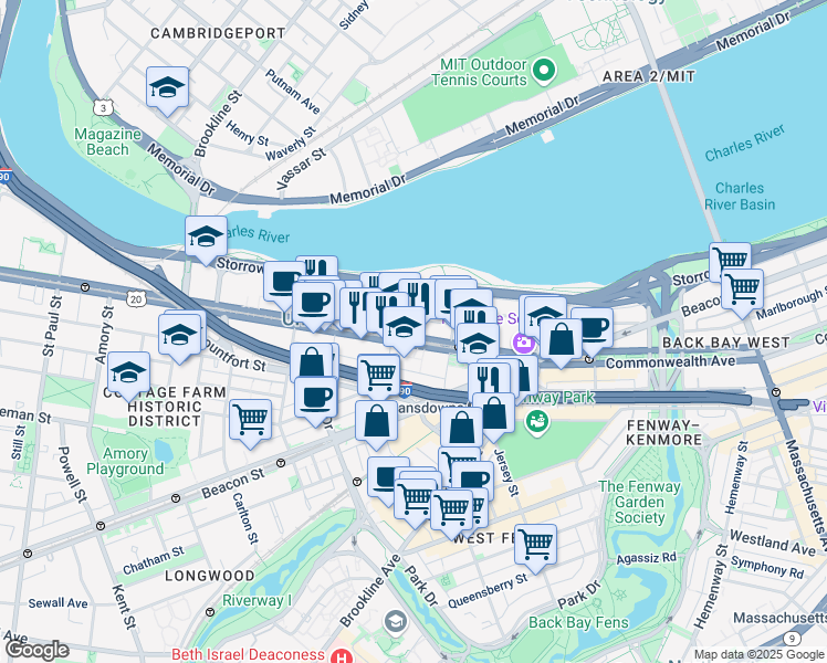 map of restaurants, bars, coffee shops, grocery stores, and more near Commonwealth Avenue in Boston