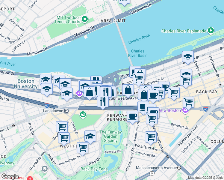 map of restaurants, bars, coffee shops, grocery stores, and more near 583 Beacon Street in Boston