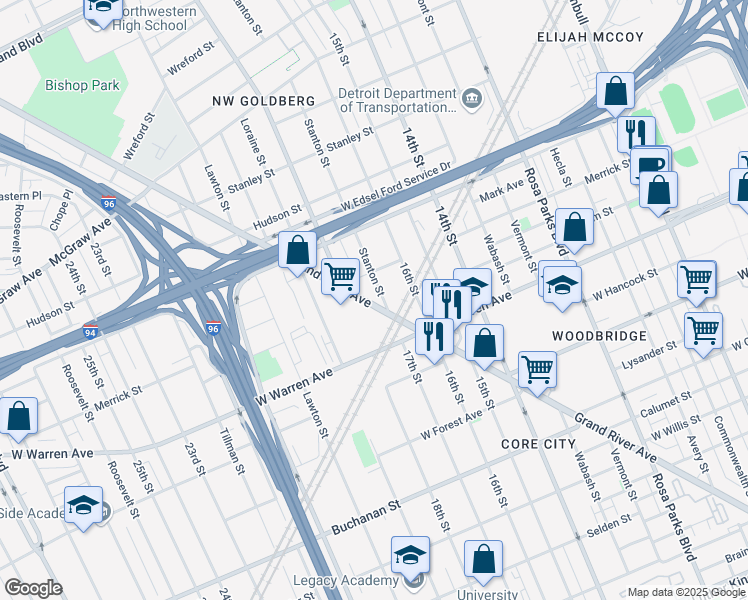 map of restaurants, bars, coffee shops, grocery stores, and more near 5110 Grand River Avenue in Detroit