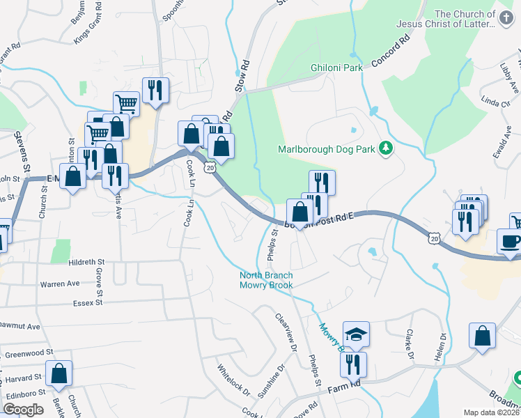 map of restaurants, bars, coffee shops, grocery stores, and more near 110 Boston Post Road East in Marlborough