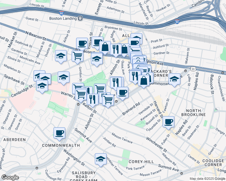 map of restaurants, bars, coffee shops, grocery stores, and more near 28 Long Avenue in Boston
