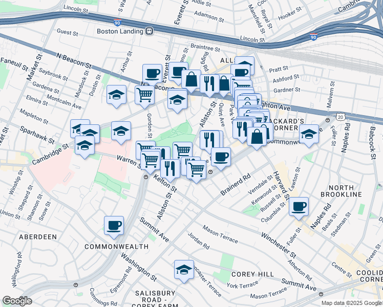 map of restaurants, bars, coffee shops, grocery stores, and more near 28 Long Avenue in Boston