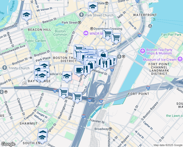 map of restaurants, bars, coffee shops, grocery stores, and more near in Boston