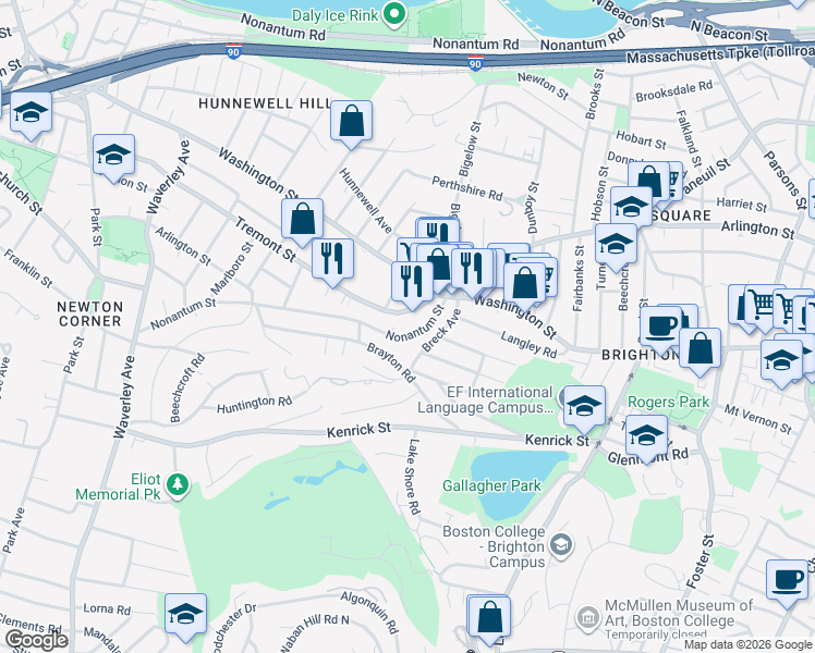 map of restaurants, bars, coffee shops, grocery stores, and more near 32 Nonantum Street in Boston