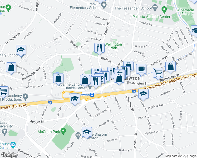 map of restaurants, bars, coffee shops, grocery stores, and more near 437 Cherry Street in Newton