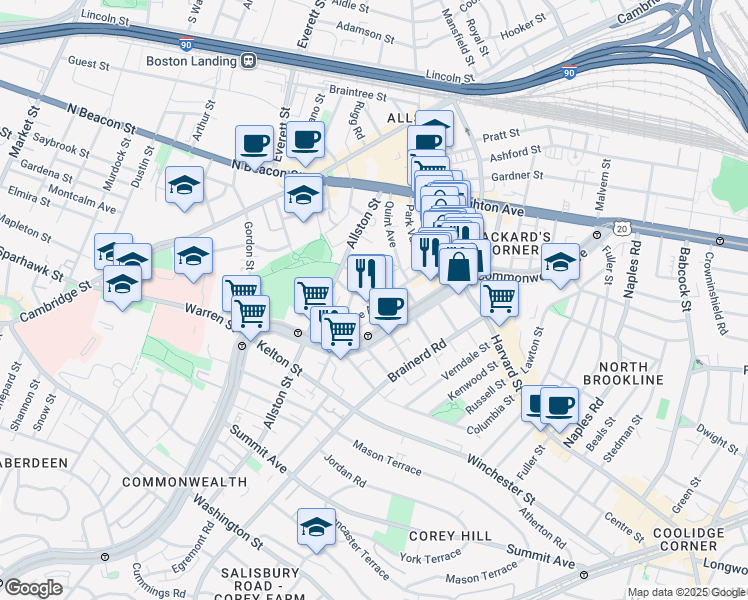 map of restaurants, bars, coffee shops, grocery stores, and more near 83 Glenville Avenue in Boston