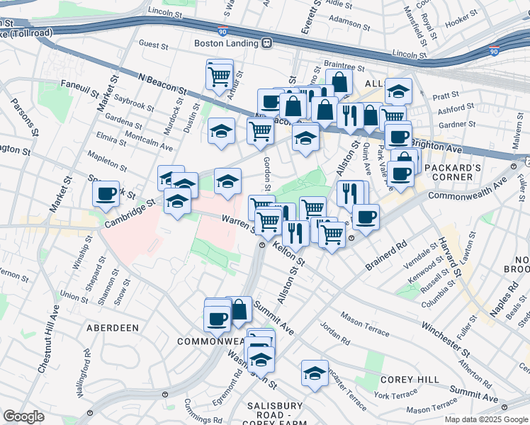map of restaurants, bars, coffee shops, grocery stores, and more near 103 Gordon Street in Boston