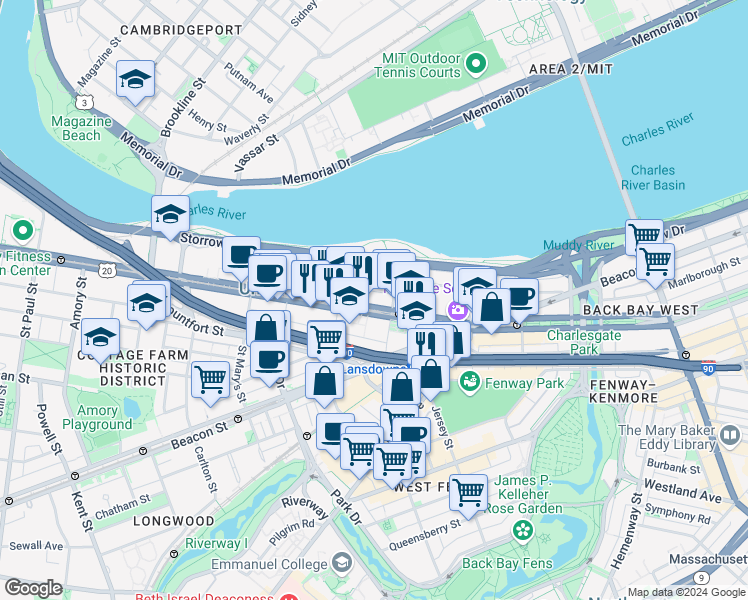 map of restaurants, bars, coffee shops, grocery stores, and more near 621 Commonwealth Avenue in Boston