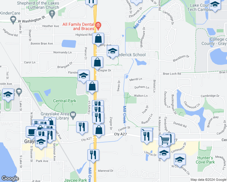 map of restaurants, bars, coffee shops, grocery stores, and more near 643 Ziegler Drive in Grayslake