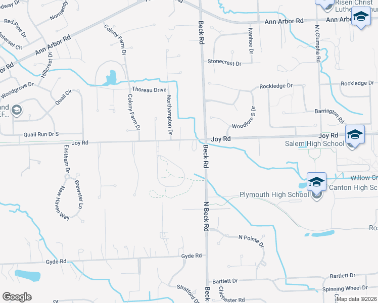 map of restaurants, bars, coffee shops, grocery stores, and more near 47505 Joy Road in Canton