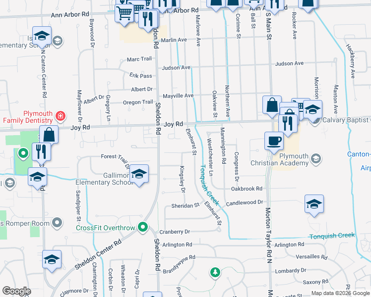 map of restaurants, bars, coffee shops, grocery stores, and more near 44150 Richmond Road in Wayne County