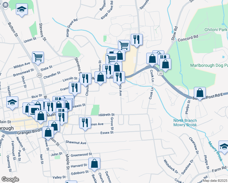 map of restaurants, bars, coffee shops, grocery stores, and more near 43 Curtis Avenue in Marlborough