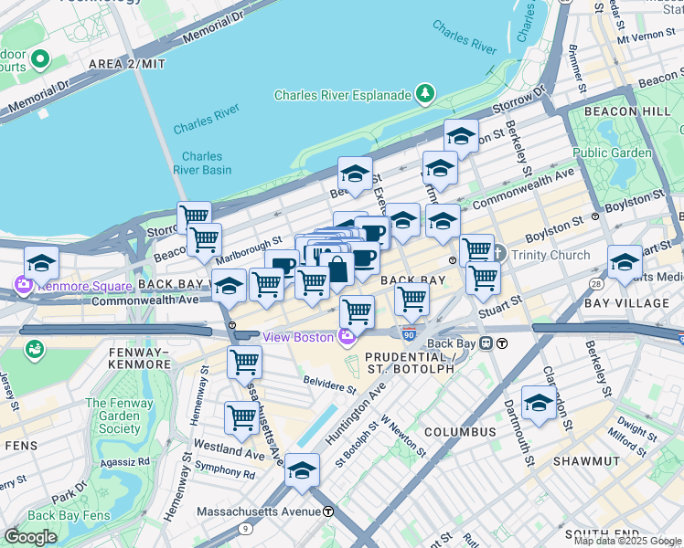 map of restaurants, bars, coffee shops, grocery stores, and more near in Boston