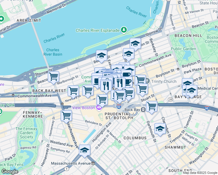 map of restaurants, bars, coffee shops, grocery stores, and more near 745 Boylston Street in Boston