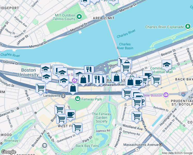 map of restaurants, bars, coffee shops, grocery stores, and more near 483 Commonwealth Avenue in Boston