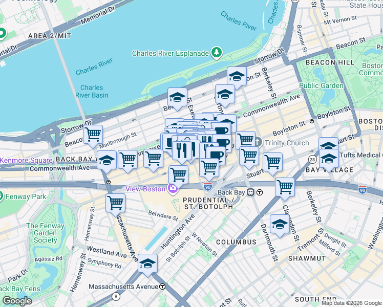 map of restaurants, bars, coffee shops, grocery stores, and more near 754 Boylston Street in Boston