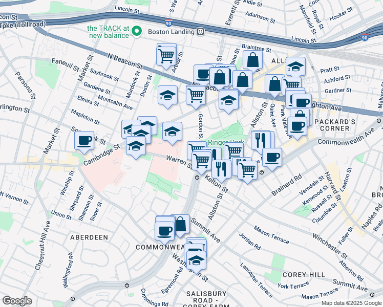 map of restaurants, bars, coffee shops, grocery stores, and more near 11 Camelot Court in Boston