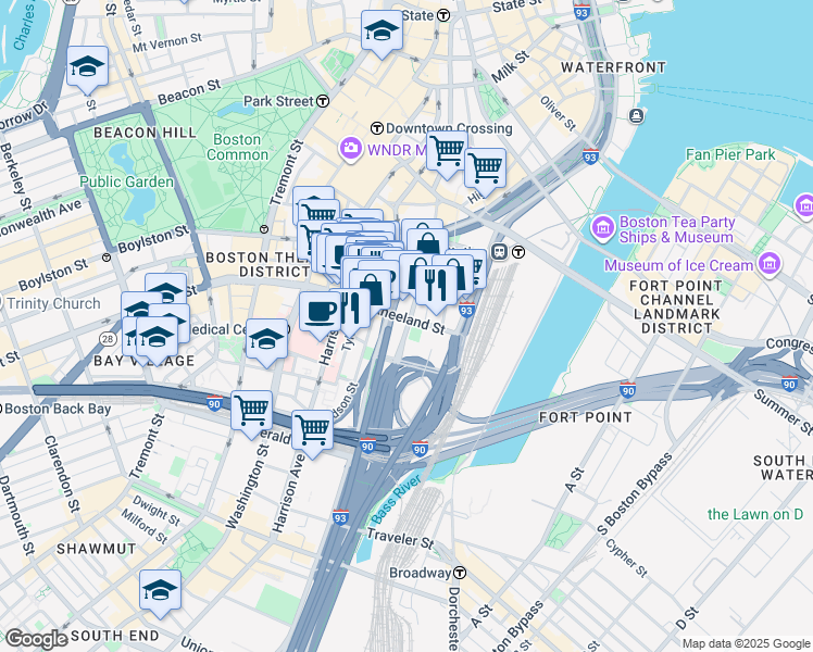 map of restaurants, bars, coffee shops, grocery stores, and more near 125 Kneeland Street in Boston