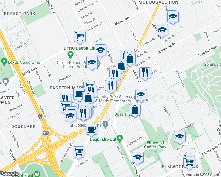 map of restaurants, bars, coffee shops, grocery stores, and more near 2715 Saint Aubin Street in Detroit