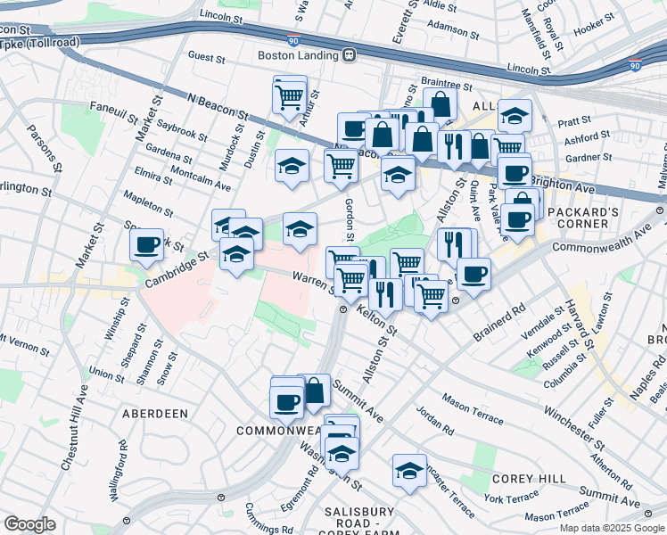 map of restaurants, bars, coffee shops, grocery stores, and more near 11 Camelot Court in Boston