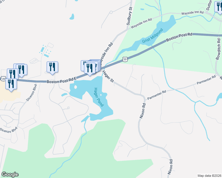map of restaurants, bars, coffee shops, grocery stores, and more near 111 Hager Street in Marlborough