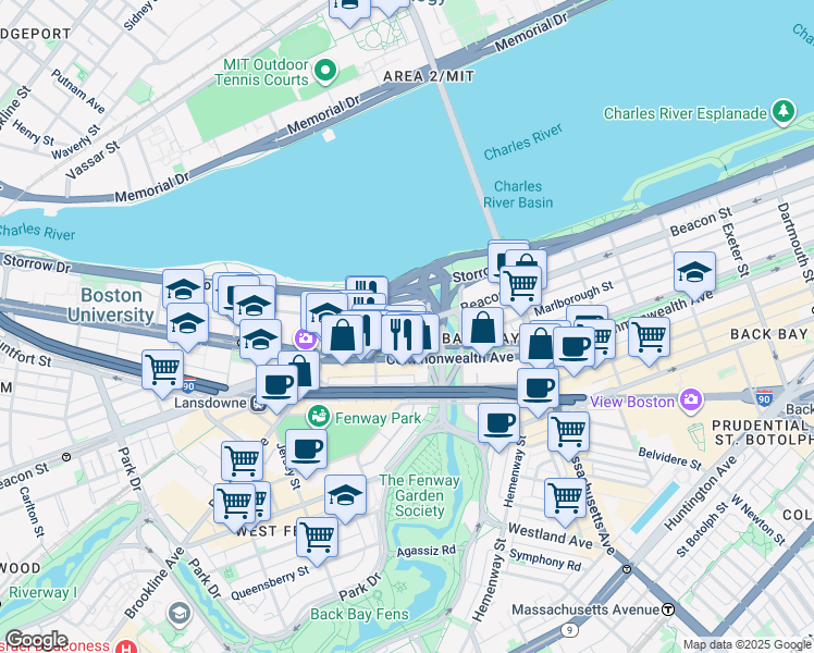 map of restaurants, bars, coffee shops, grocery stores, and more near 483 Commonwealth Avenue in Boston