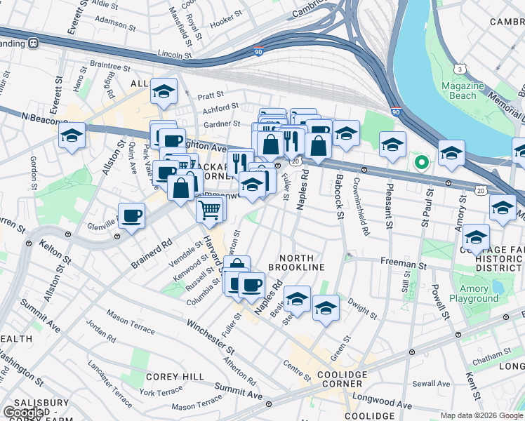 map of restaurants, bars, coffee shops, grocery stores, and more near 168 Coolidge Street in Brookline