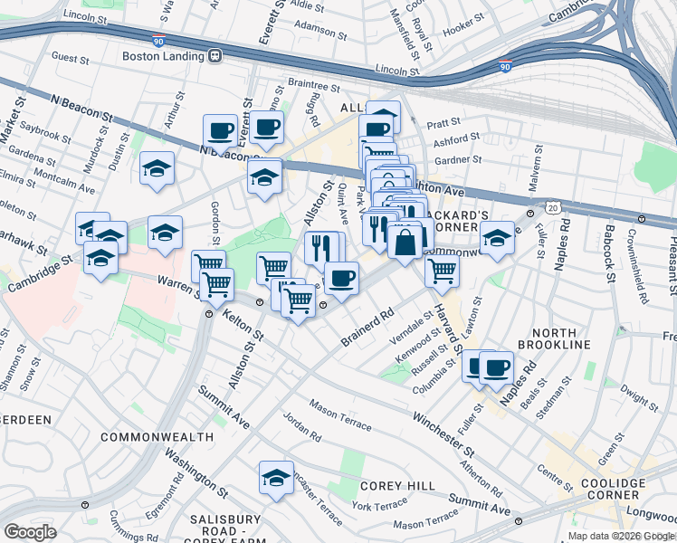 map of restaurants, bars, coffee shops, grocery stores, and more near 66 Glenville Avenue in Boston