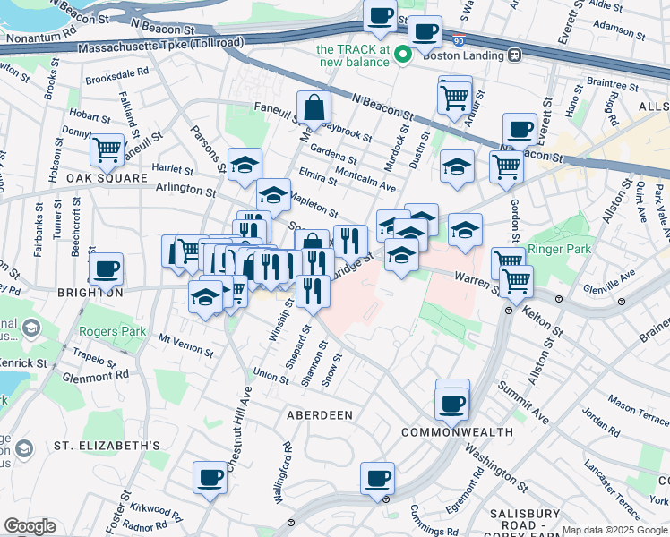 map of restaurants, bars, coffee shops, grocery stores, and more near 736 Cambridge Street in Boston