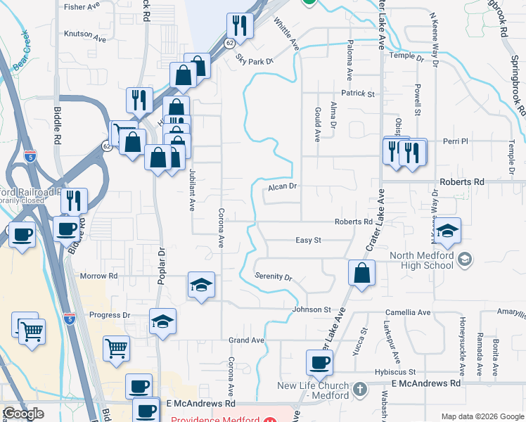 map of restaurants, bars, coffee shops, grocery stores, and more near 1575 Roberts Road in Medford
