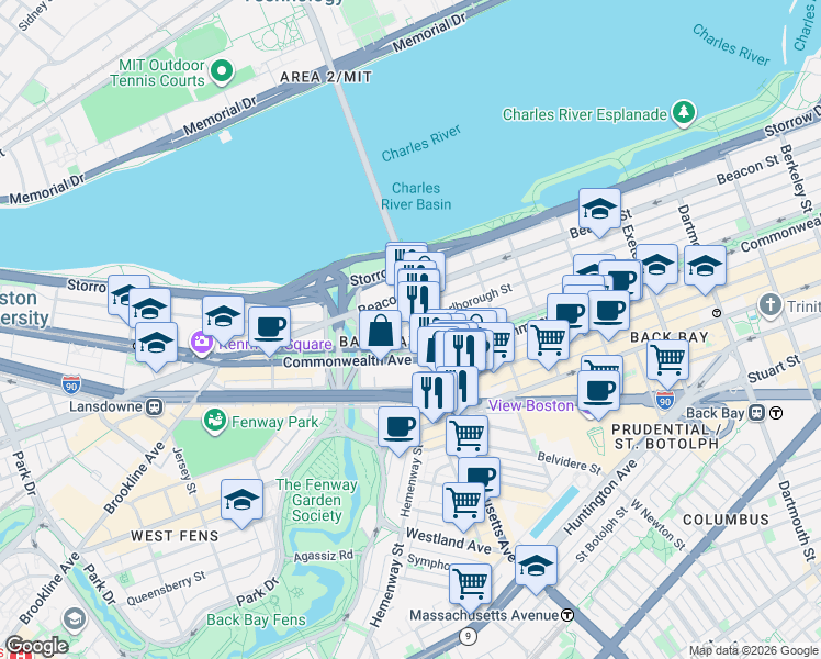 map of restaurants, bars, coffee shops, grocery stores, and more near 377 Commonwealth Avenue in Boston