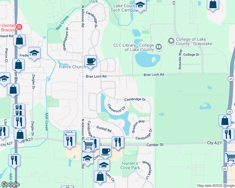 map of restaurants, bars, coffee shops, grocery stores, and more near 407 Cambridge Drive in Grayslake