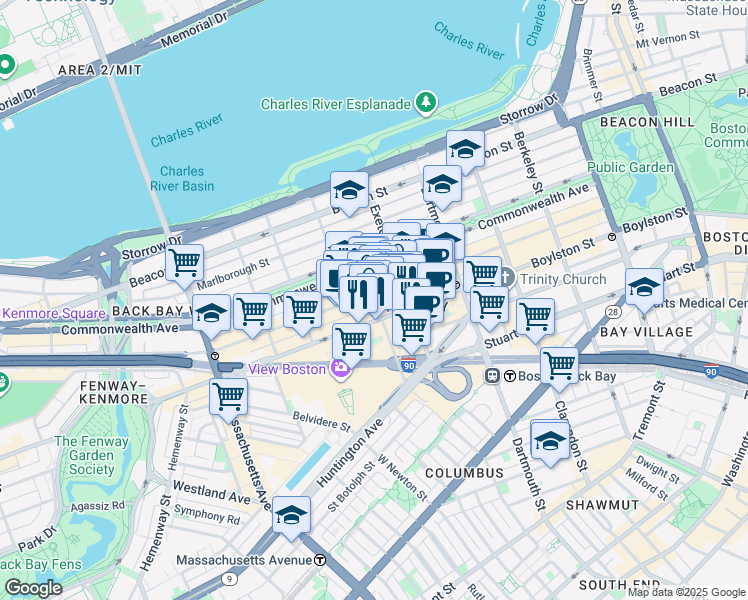map of restaurants, bars, coffee shops, grocery stores, and more near 754 Boylston Street in Boston