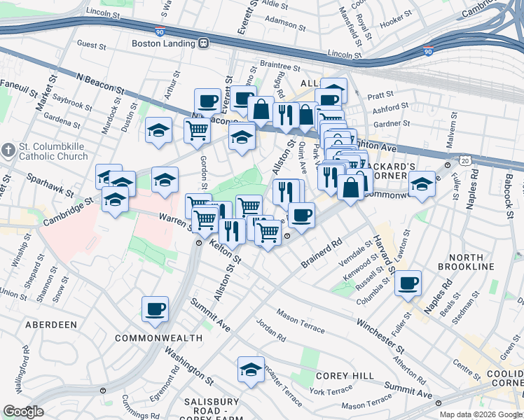 map of restaurants, bars, coffee shops, grocery stores, and more near 28 Long Avenue in Boston