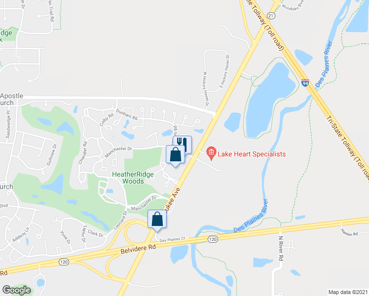 map of restaurants, bars, coffee shops, grocery stores, and more near 660 Creekside Circle in Gurnee