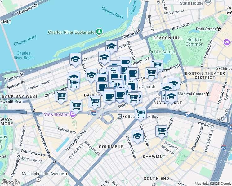 map of restaurants, bars, coffee shops, grocery stores, and more near 139 Saint James Avenue in Boston