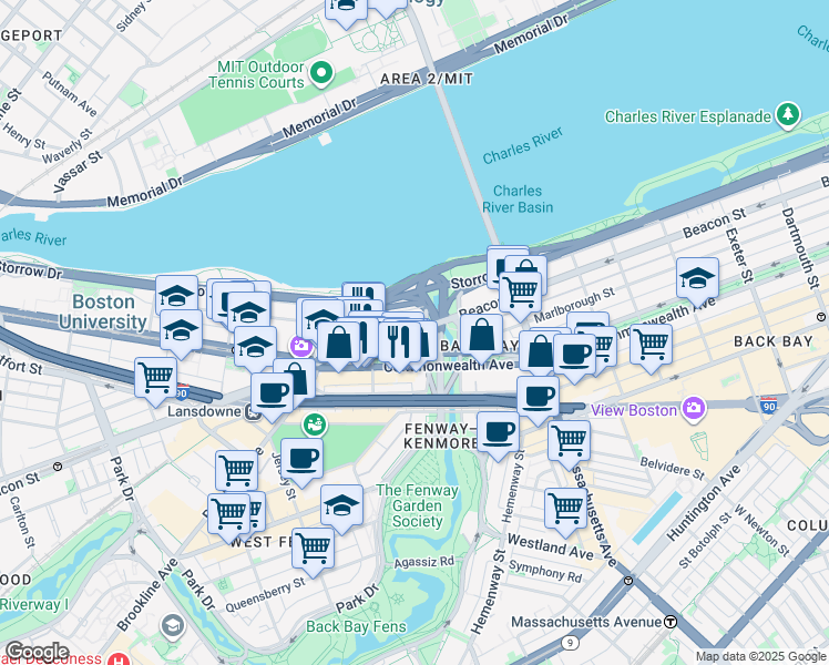 map of restaurants, bars, coffee shops, grocery stores, and more near 483 Commonwealth Avenue in Boston