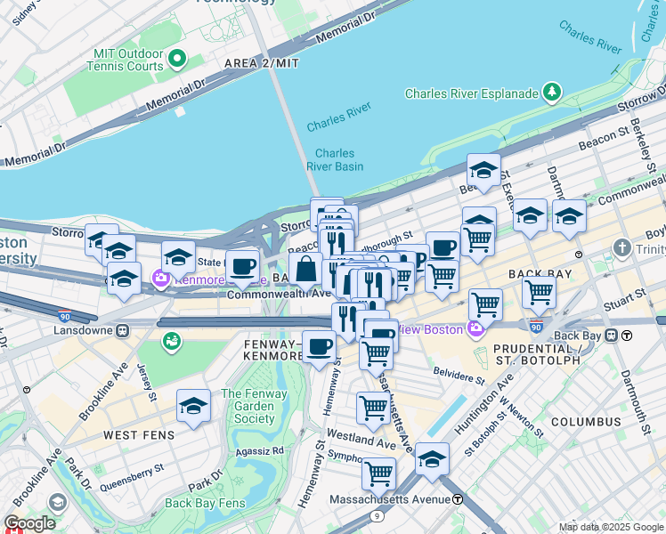 map of restaurants, bars, coffee shops, grocery stores, and more near 377 Commonwealth Avenue in Boston