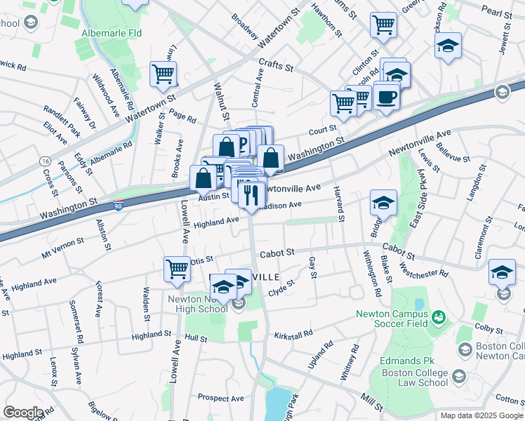 map of restaurants, bars, coffee shops, grocery stores, and more near 100 Madison Avenue in Newton